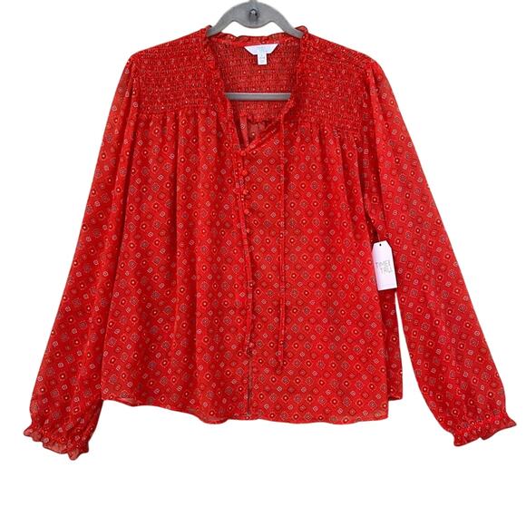 NWT New Time & Tru Womens Large Button Up Front Tie Long Sleeve Sheer Blouse - Picture 1 of 5